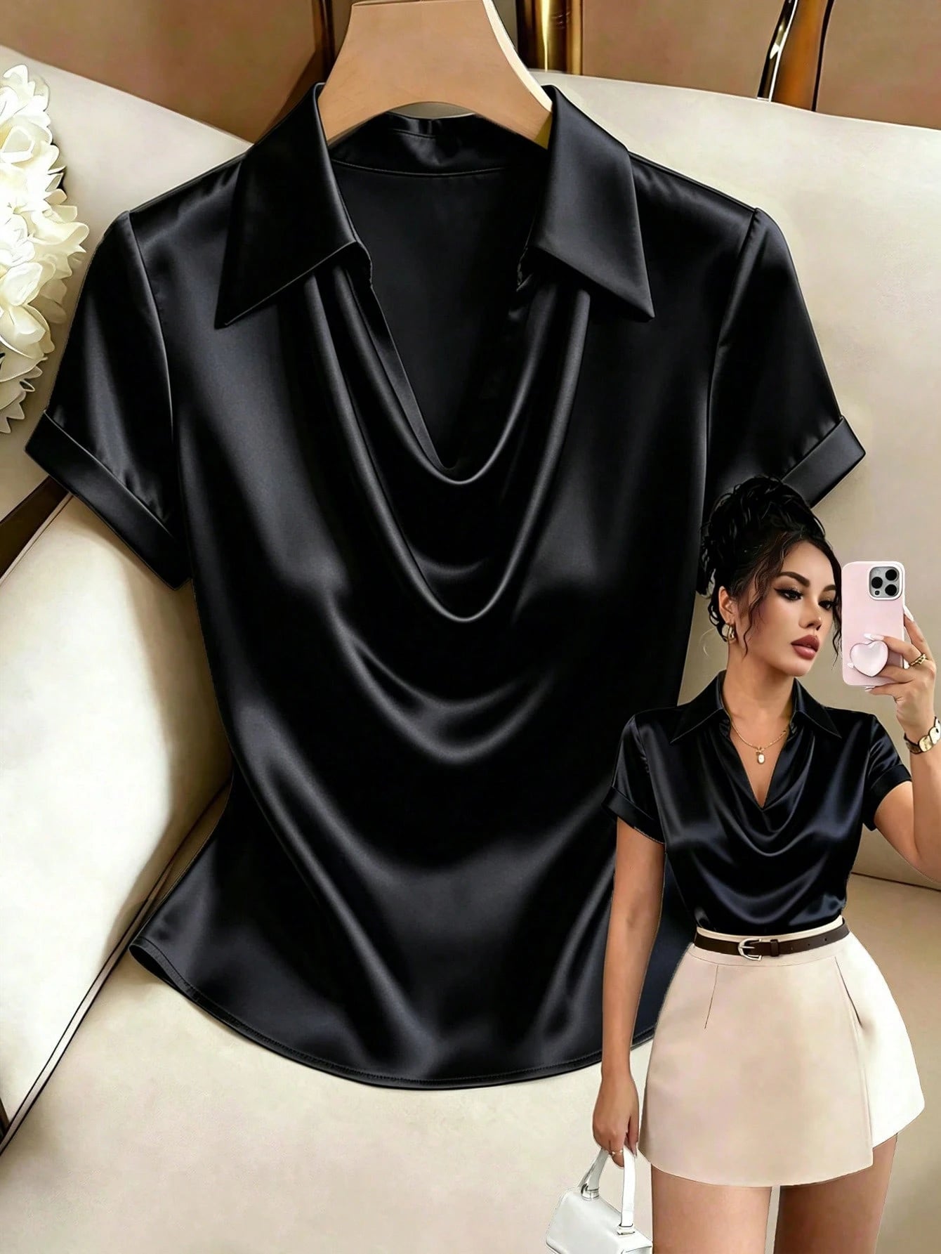 Rafferiza Women's Elegant French-Style Satin Short-Sleeved Shirt,Off-White Cowl Collar Summer Top,Office Work Business Attire,Formal Graduation Casual Wear