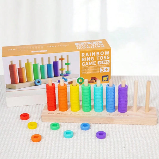 Rainbow Wooden Ring Game, Color Sorting And Hand-Eye Coordination Thinking Sensory Training, Simple And Meaningful Educational Toy Gift