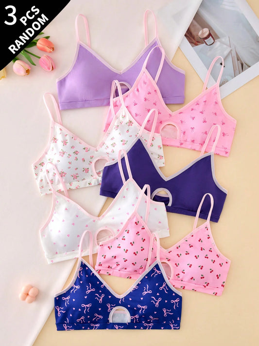 (Random 3pcs) Teen Girls Simple Fashion Sweet Bra Underwear Floral Cherry Bow Print With Removable Padding 3pcs Set