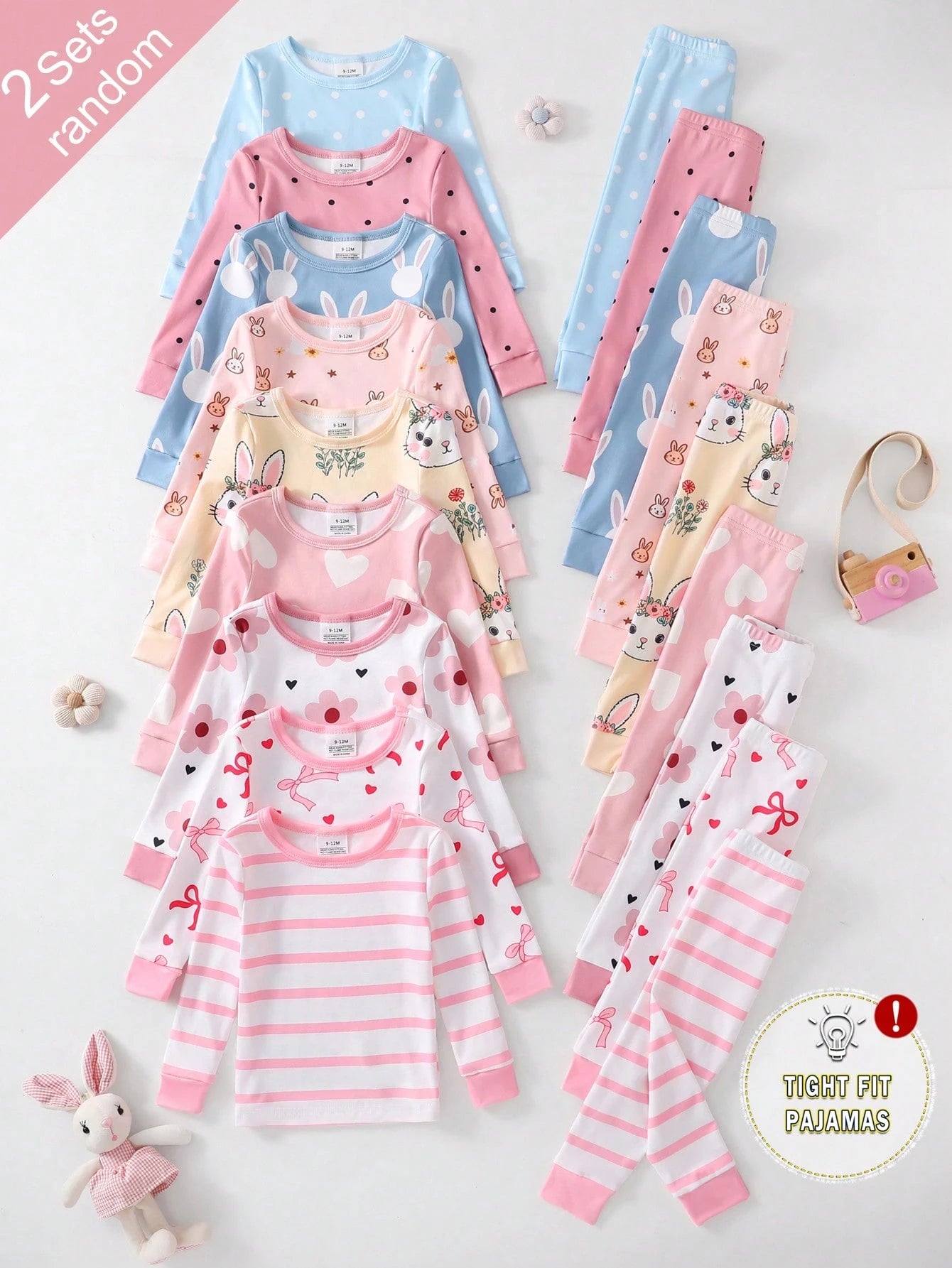 [Random 9 Sets, 2 Sets Sent] Baby Girl Home Wear Tight-Fitting Pajama Set, Long Sleeve Long Pants, Rabbit Heart Bow Polka Dot Stripe Flower Cartoon Print, All Season, Home Or Outdoor Play, Soft