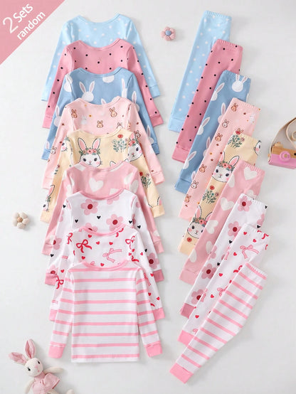 [Random 9 Sets, 2 Sets Sent] Baby Girl Home Wear Tight-Fitting Pajama Set, Long Sleeve Long Pants, Rabbit Heart Bow Polka Dot Stripe Flower Cartoon Print, All Season, Home Or Outdoor Play, Soft