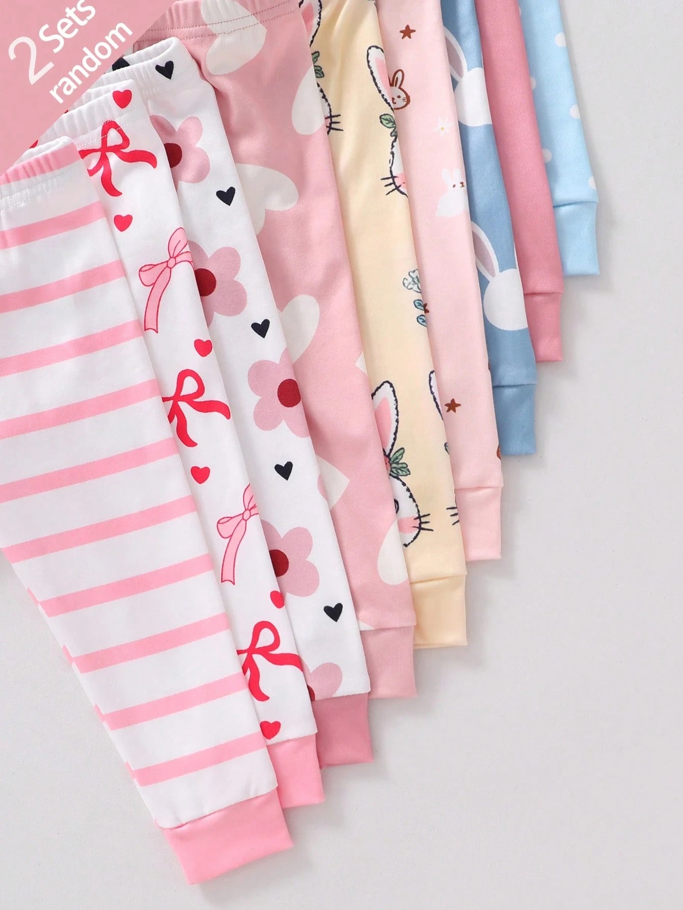 [Random 9 Sets, 2 Sets Sent] Baby Girl Home Wear Tight-Fitting Pajama Set, Long Sleeve Long Pants, Rabbit Heart Bow Polka Dot Stripe Flower Cartoon Print, All Season, Home Or Outdoor Play, Soft