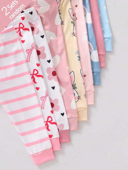 [Random 9 Sets, 2 Sets Sent] Baby Girl Home Wear Tight-Fitting Pajama Set, Long Sleeve Long Pants, Rabbit Heart Bow Polka Dot Stripe Flower Cartoon Print, All Season, Home Or Outdoor Play, Soft