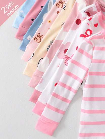[Random 9 Sets, 2 Sets Sent] Baby Girl Home Wear Tight-Fitting Pajama Set, Long Sleeve Long Pants, Rabbit Heart Bow Polka Dot Stripe Flower Cartoon Print, All Season, Home Or Outdoor Play, Soft