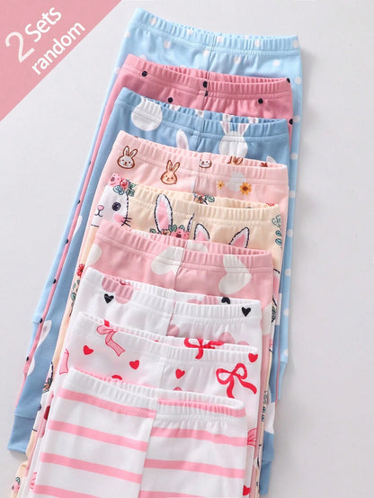 [Random 9 Sets, 2 Sets Sent] Baby Girl Home Wear Tight-Fitting Pajama Set, Long Sleeve Long Pants, Rabbit Heart Bow Polka Dot Stripe Flower Cartoon Print, All Season, Home Or Outdoor Play, Soft