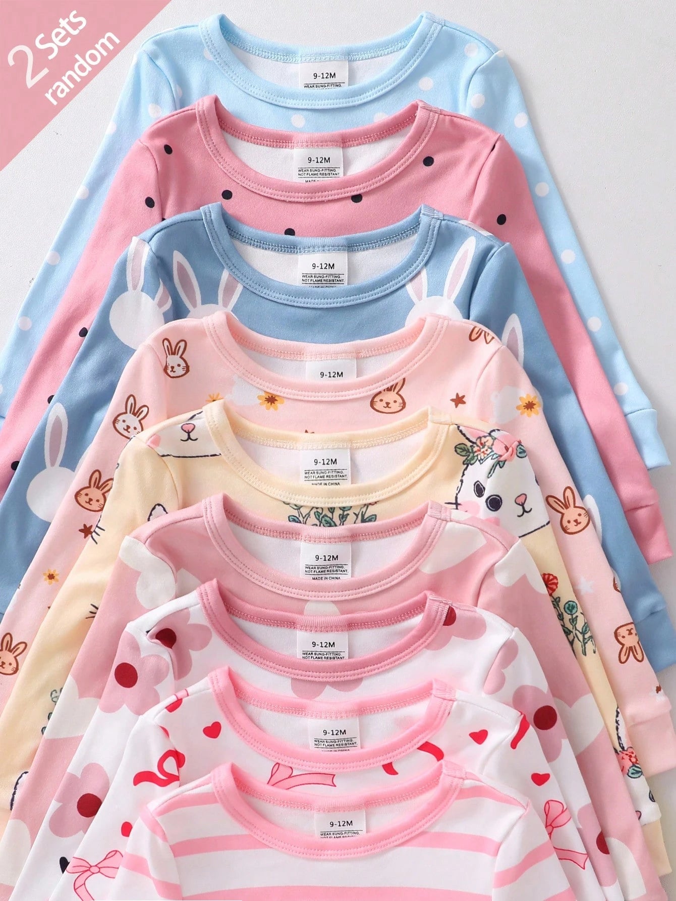 [Random 9 Sets, 2 Sets Sent] Baby Girl Home Wear Tight-Fitting Pajama Set, Long Sleeve Long Pants, Rabbit Heart Bow Polka Dot Stripe Flower Cartoon Print, All Season, Home Or Outdoor Play, Soft