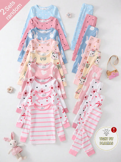 [Random 9 Sets, 2 Sets Sent] Baby Girl Home Wear Tight-Fitting Pajama Set, Long Sleeve Long Pants, Rabbit Heart Bow Polka Dot Stripe Flower Cartoon Print, All Season, Home Or Outdoor Play, Soft