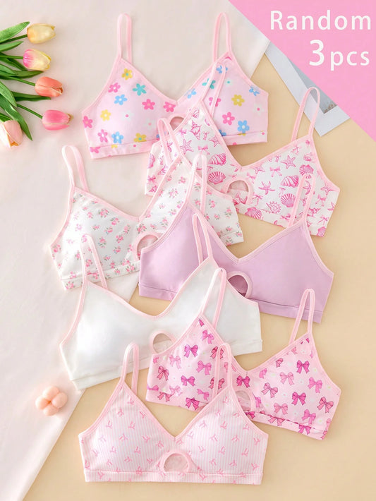 Randomly Ships 3 Of 7 Piece Big Girls V-Neck Sleeveless Training Bras Cute Back-To-School Bow Pink Seashell Print Knit Underwear For Teen Girls Summer