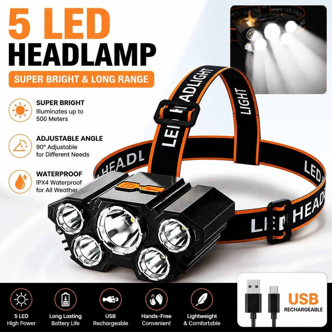 Rechargeable 5 LED Headlamp, Ultra Bright USB Head Light With Adjustable Angle, Waterproof Outdoor Flashlight, Hands Free Head Torch For Camping Hiking Cycling Fishing Running, Portable Travel Gear, B