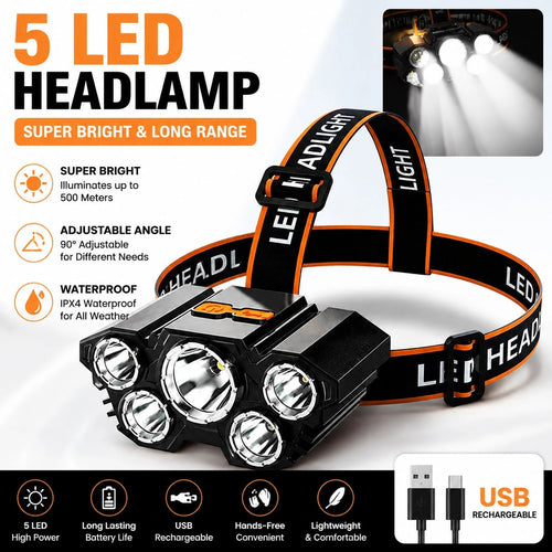 Rechargeable 5 LED Headlamp, Ultra Bright USB Head Light With Adjustable Angle, Waterproof Outdoor Flashlight, Hands Free Head Torch For Camping Hiking Cycling Fishing Running, Portable Travel Gear, B