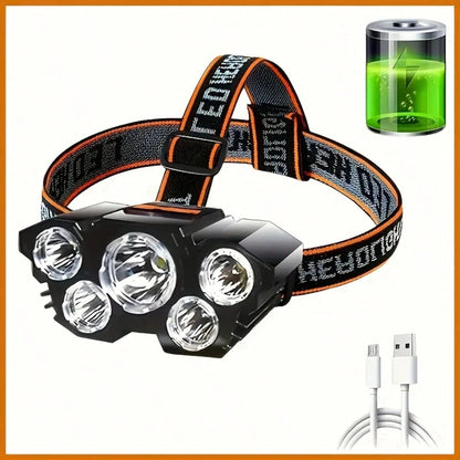 Rechargeable 5 LED Headlamp, Ultra Bright USB Head Light With Adjustable Angle, Waterproof Outdoor Flashlight, Hands Free Head Torch For Camping Hiking Cycling Fishing Running, Portable Travel Gear, B