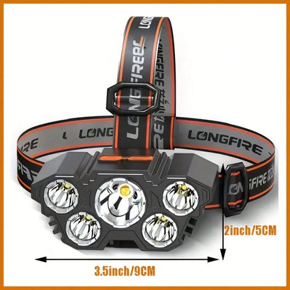 Rechargeable 5 LED Headlamp, Ultra Bright USB Head Light With Adjustable Angle, Waterproof Outdoor Flashlight, Hands Free Head Torch For Camping Hiking Cycling Fishing Running, Portable Travel Gear, B