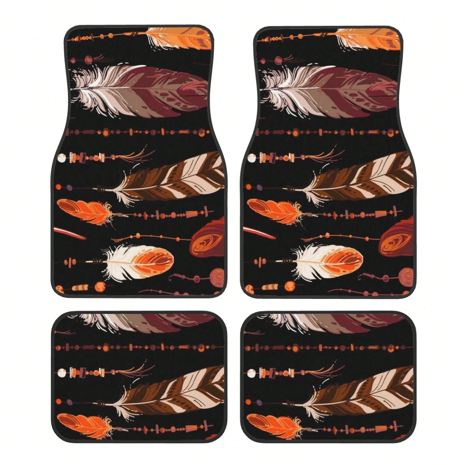 Red Of Feathers In Native Style Bright Colored And Beads On White Car Floor Carpet Set Of 4, Auto Interior Floor Mats Durable Front & Rear Carpets For Car Accessories Decoration