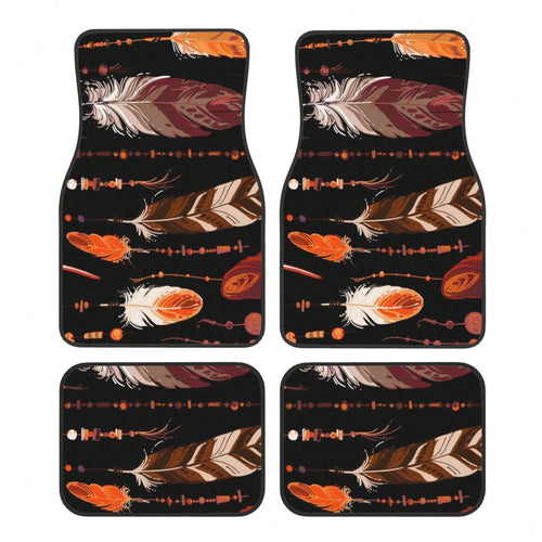 Red Of Feathers In Native Style Bright Colored And Beads On White Car Floor Carpet Set Of 4, Auto Interior Floor Mats Durable Front & Rear Carpets For Car Accessories Decoration