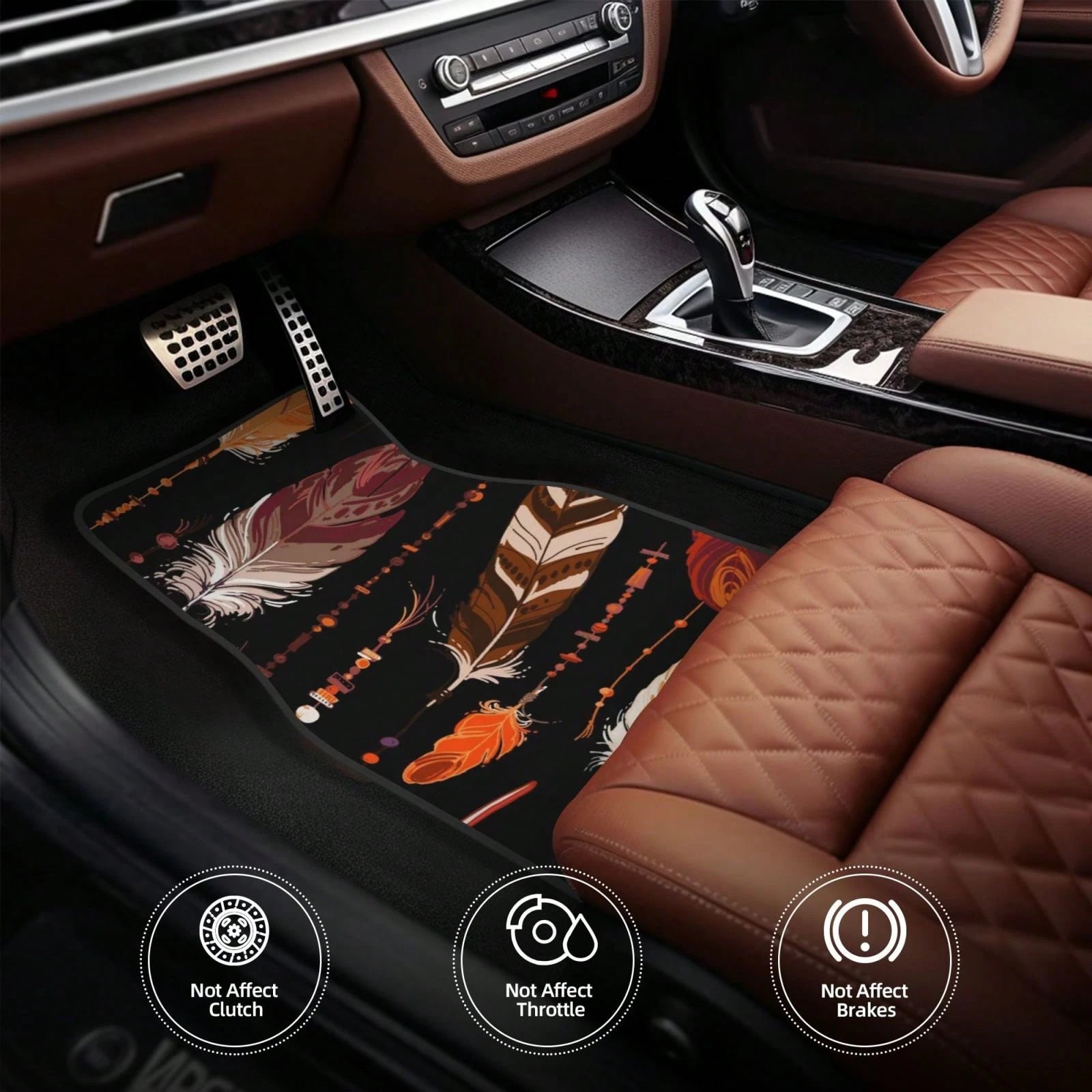 Red Of Feathers In Native Style Bright Colored And Beads On White Car Floor Carpet Set Of 4, Auto Interior Floor Mats Durable Front & Rear Carpets For Car Accessories Decoration