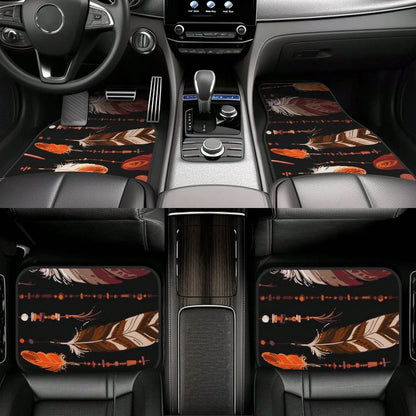 Red Of Feathers In Native Style Bright Colored And Beads On White Car Floor Carpet Set Of 4, Auto Interior Floor Mats Durable Front & Rear Carpets For Car Accessories Decoration
