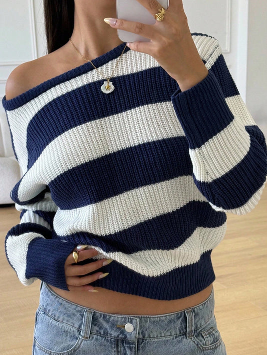 Regular Length Acrylic Sweater For Teen Girls With Modern Striped Design Blue And White Navy Off The Shoulder Sweater,In Fall/Winter