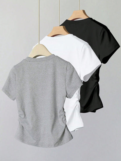 Resyla 3pcs/Set Women Versatile Casual Minimalist Summer Short Sleeve T-Shirt Set