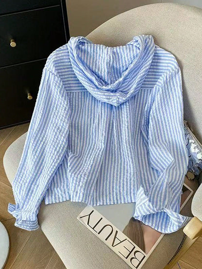 Resyla New Blue Striped Loose Hooded Shirt, Sun Protection