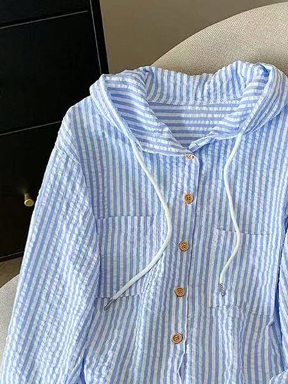 Resyla New Blue Striped Loose Hooded Shirt, Sun Protection