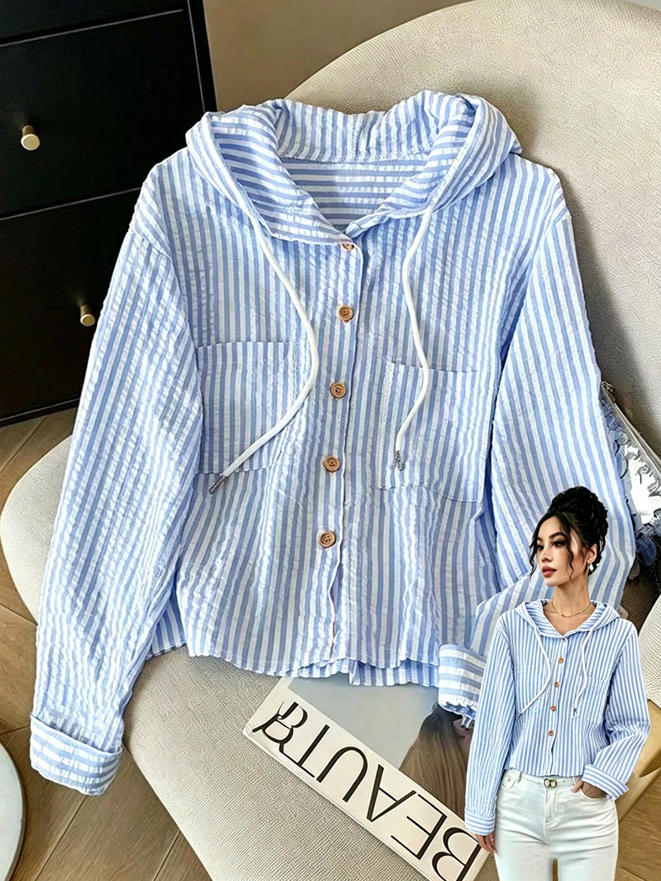 Resyla New Blue Striped Loose Hooded Shirt, Sun Protection