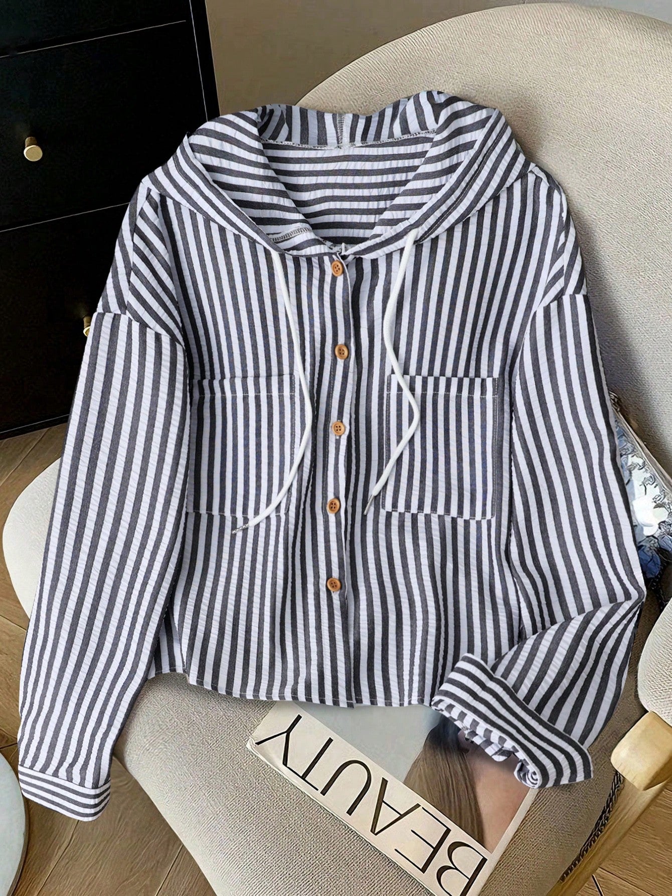 Resyla New Blue Striped Loose Hooded Shirt, Sun Protection