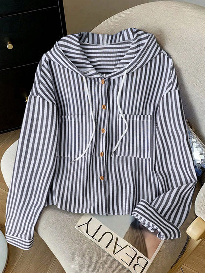 Resyla New Blue Striped Loose Hooded Shirt, Sun Protection