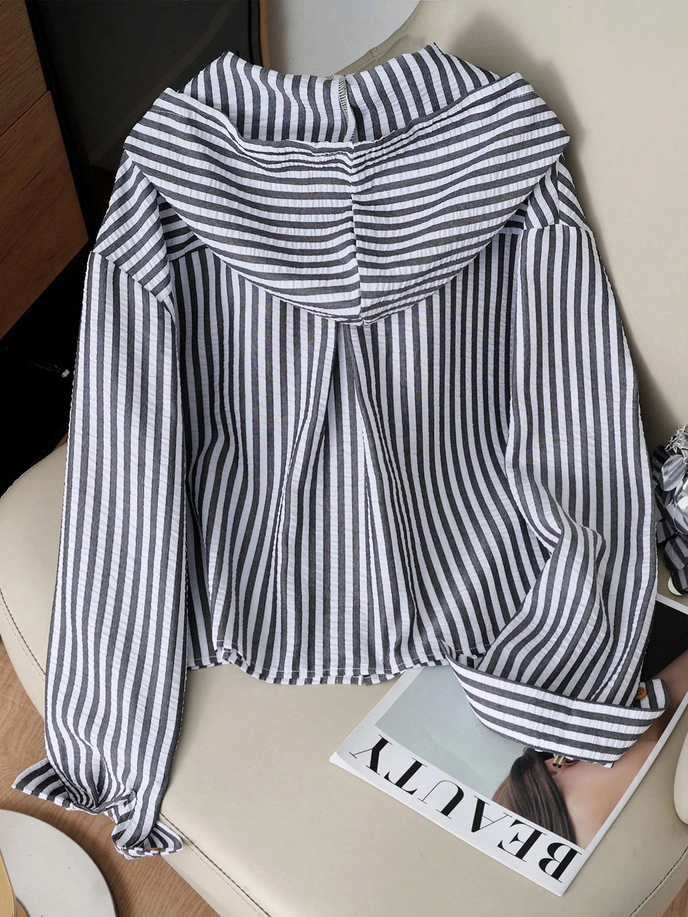 Resyla New Blue Striped Loose Hooded Shirt, Sun Protection