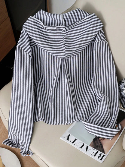 Resyla New Blue Striped Loose Hooded Shirt, Sun Protection