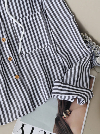Resyla New Blue Striped Loose Hooded Shirt, Sun Protection