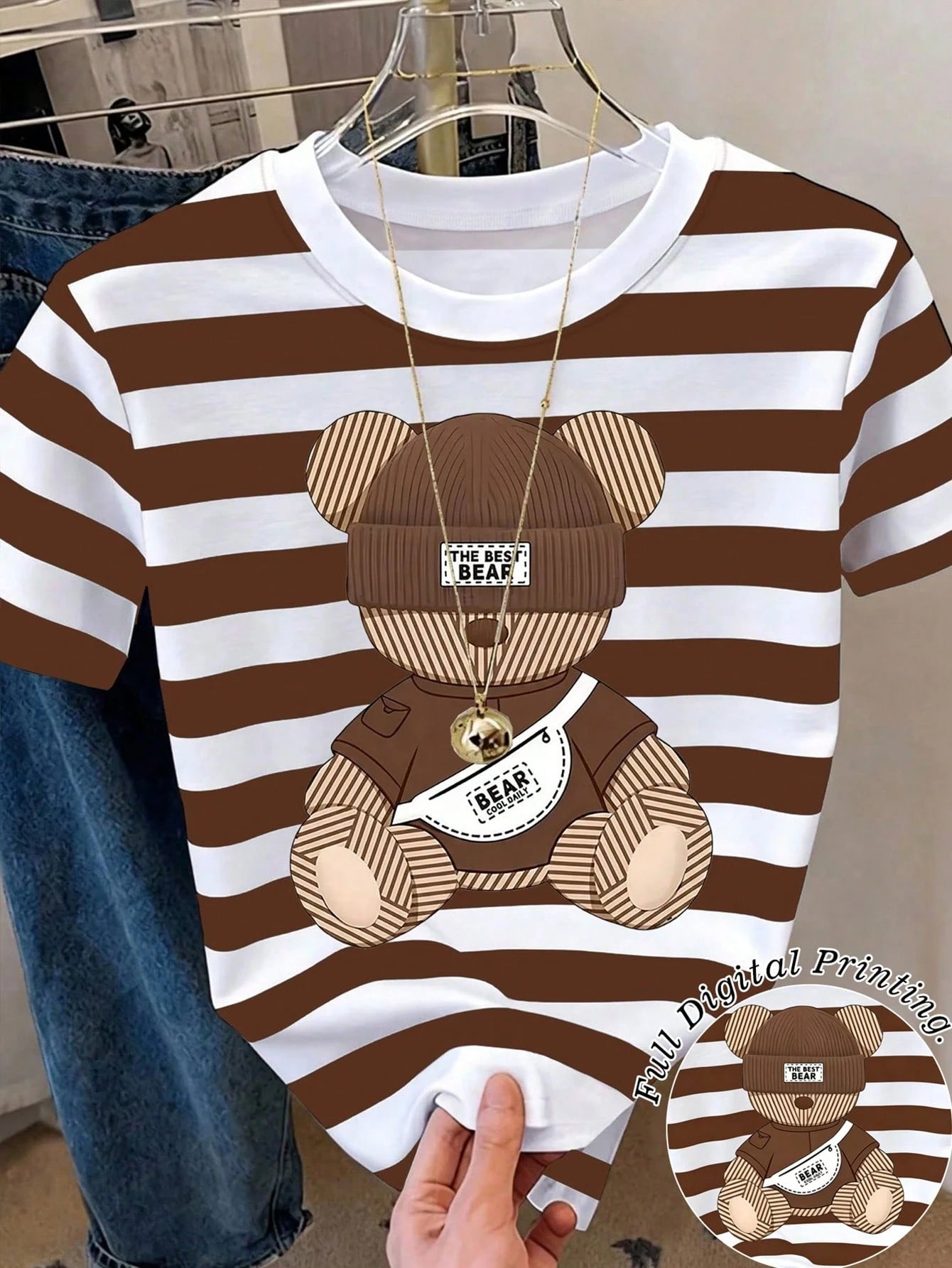 Resyla Striped 3D Floral Digital Print Pattern T-Shirt For Women