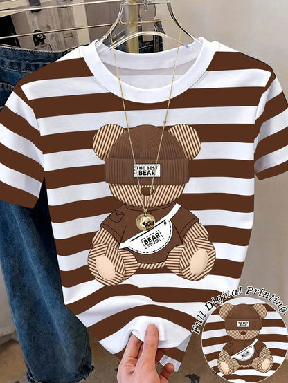 Resyla Striped 3D Floral Digital Print Pattern T-Shirt For Women
