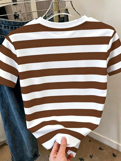 Resyla Striped 3D Floral Digital Print Pattern T-Shirt For Women