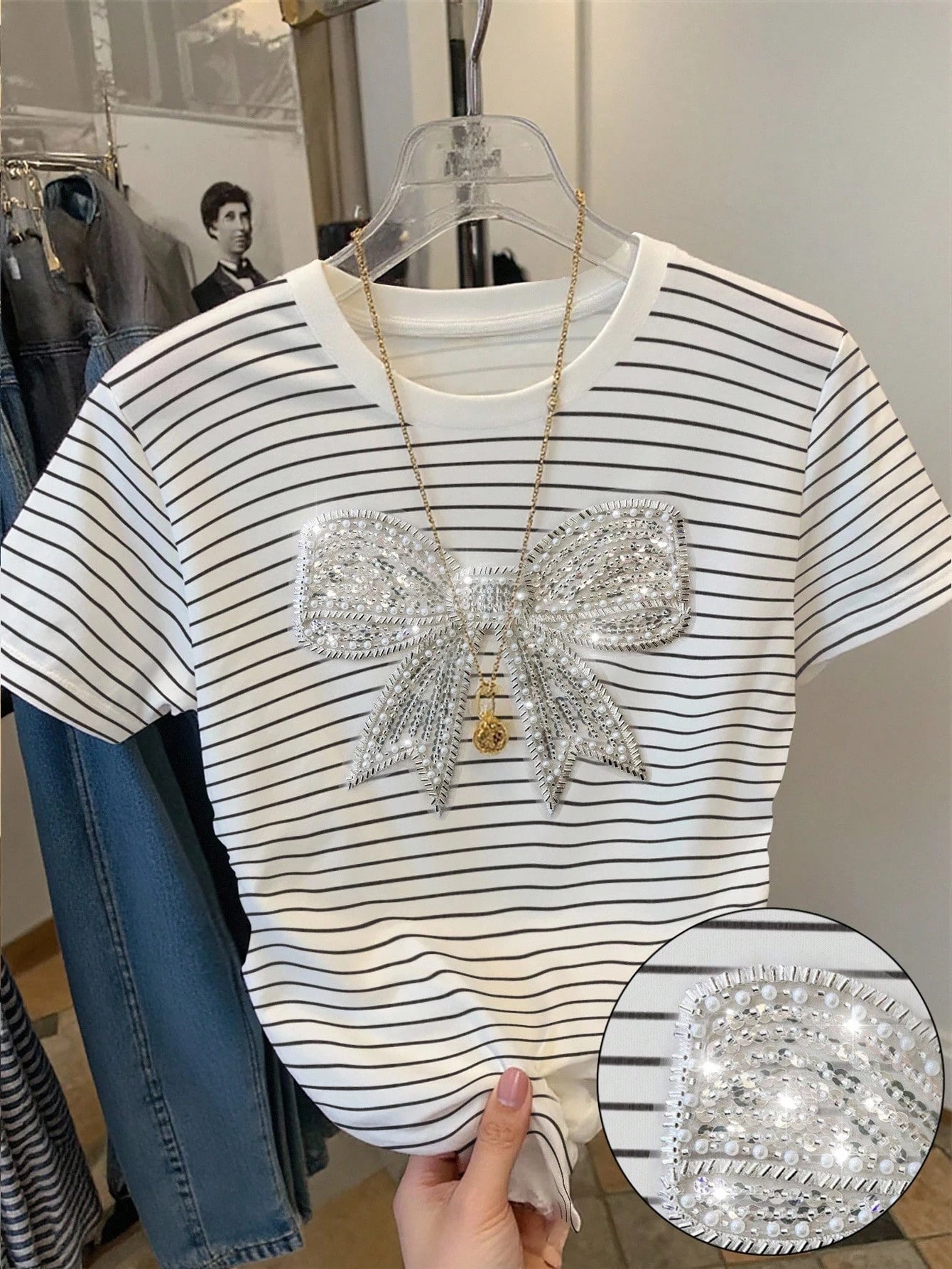 Resyla Striped Digital Print Shiny Butterfly Beaded Casual Drawstring Waist T-Shirt, A Gift For Friends
