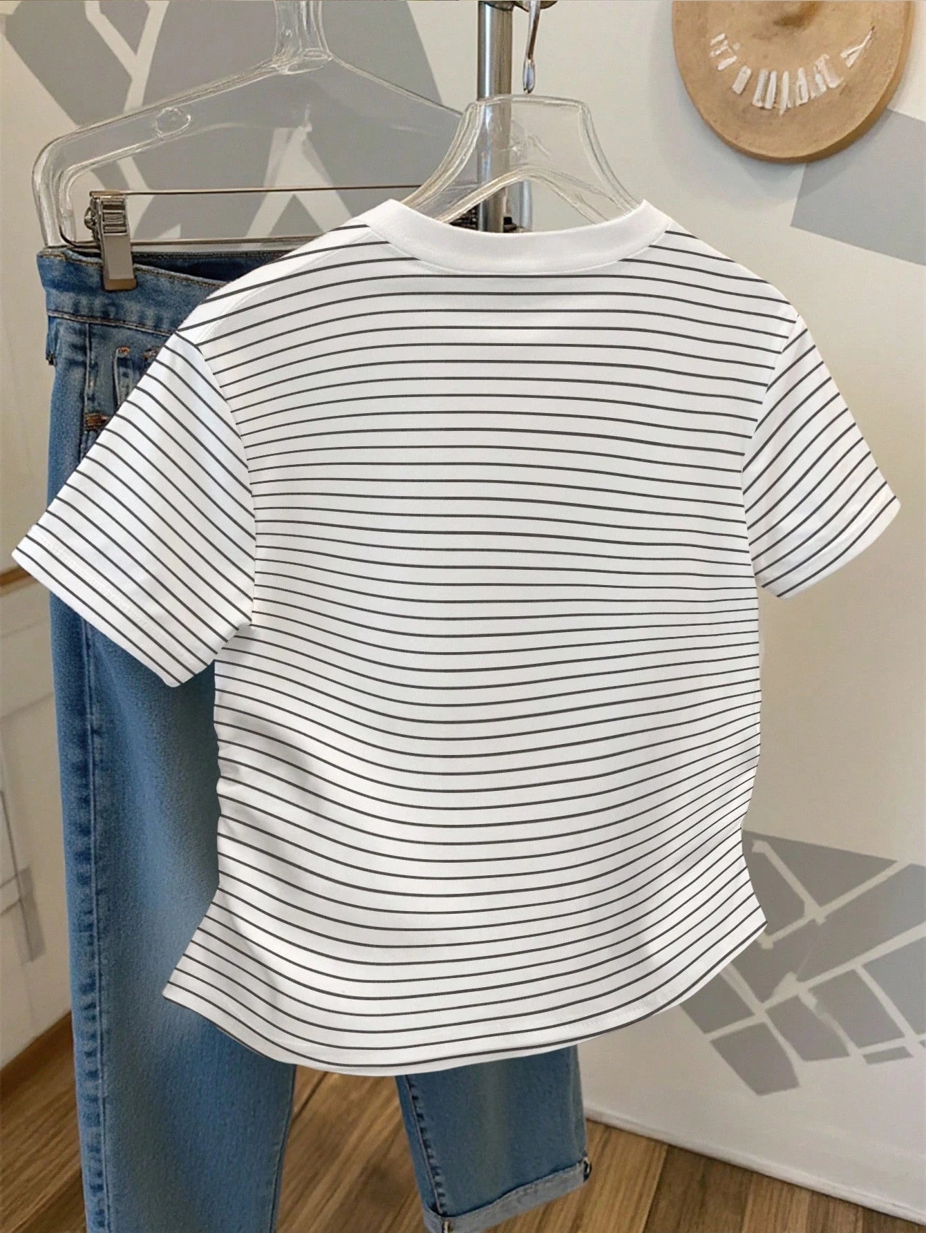 Resyla Striped Digital Print Shiny Butterfly Beaded Casual Drawstring Waist T-Shirt, A Gift For Friends