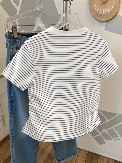 Resyla Striped Digital Print Shiny Butterfly Beaded Casual Drawstring Waist T-Shirt, A Gift For Friends