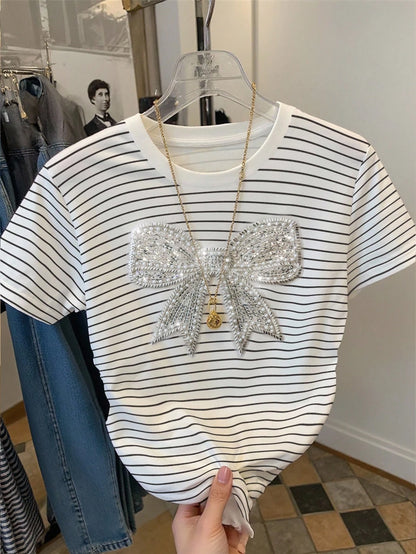 Resyla Striped Digital Print Shiny Butterfly Beaded Casual Drawstring Waist T-Shirt, A Gift For Friends