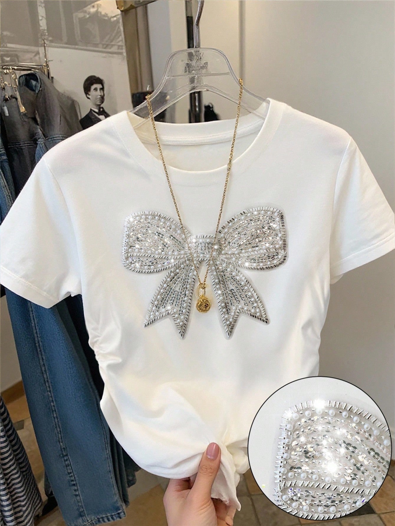 Resyla Striped Digital Print Shiny Butterfly Beaded Casual Drawstring Waist T-Shirt, A Gift For Friends