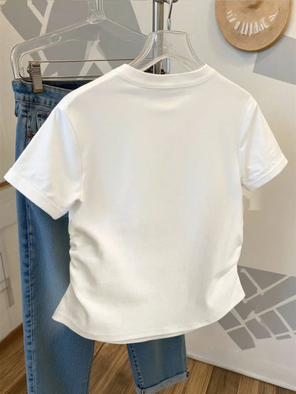 Resyla Striped Digital Print Shiny Butterfly Beaded Casual Drawstring Waist T-Shirt, A Gift For Friends