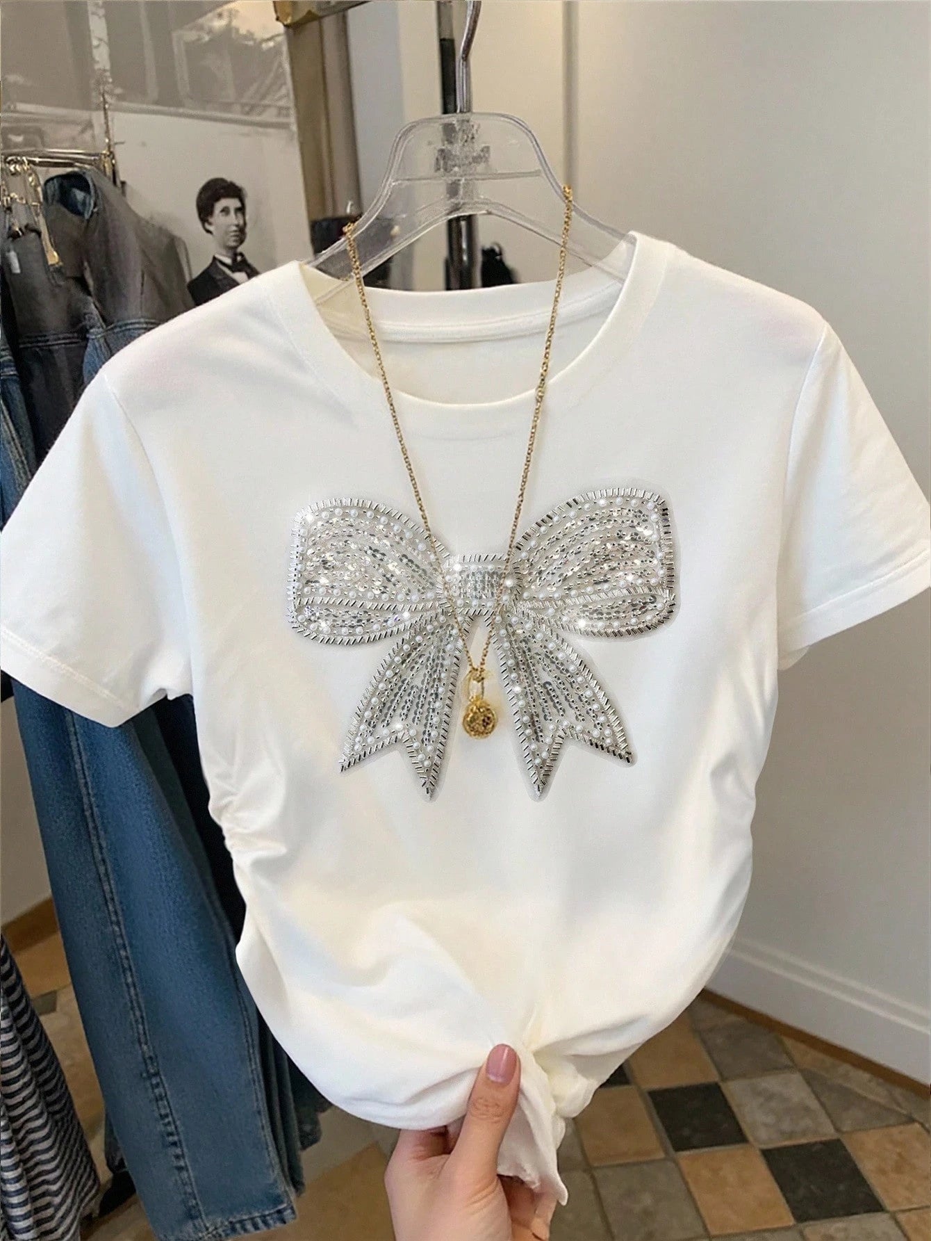 Resyla Striped Digital Print Shiny Butterfly Beaded Casual Drawstring Waist T-Shirt, A Gift For Friends