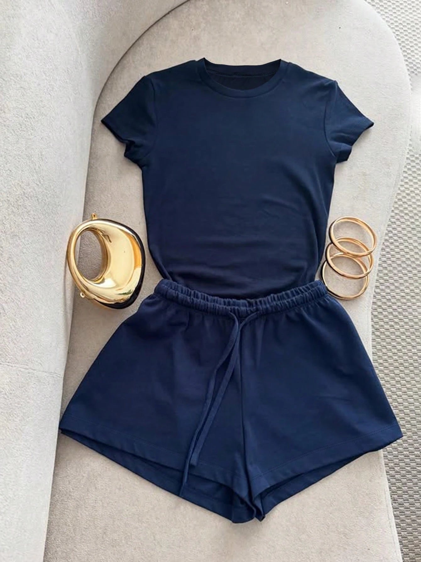 Resyla Women's Casual Daily Commute Solid Color Short Sleeve T-Shirt And Drawstring Waist Shorts 2-Piece Set, Summer