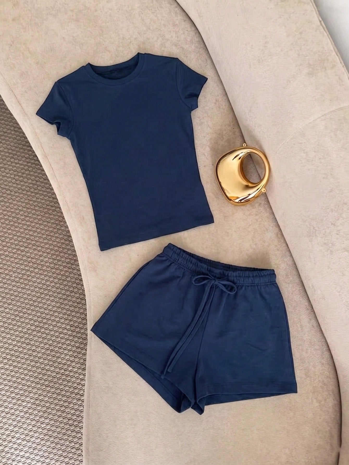 Resyla Women's Casual Daily Commute Solid Color Short Sleeve T-Shirt And Drawstring Waist Shorts 2-Piece Set, Summer