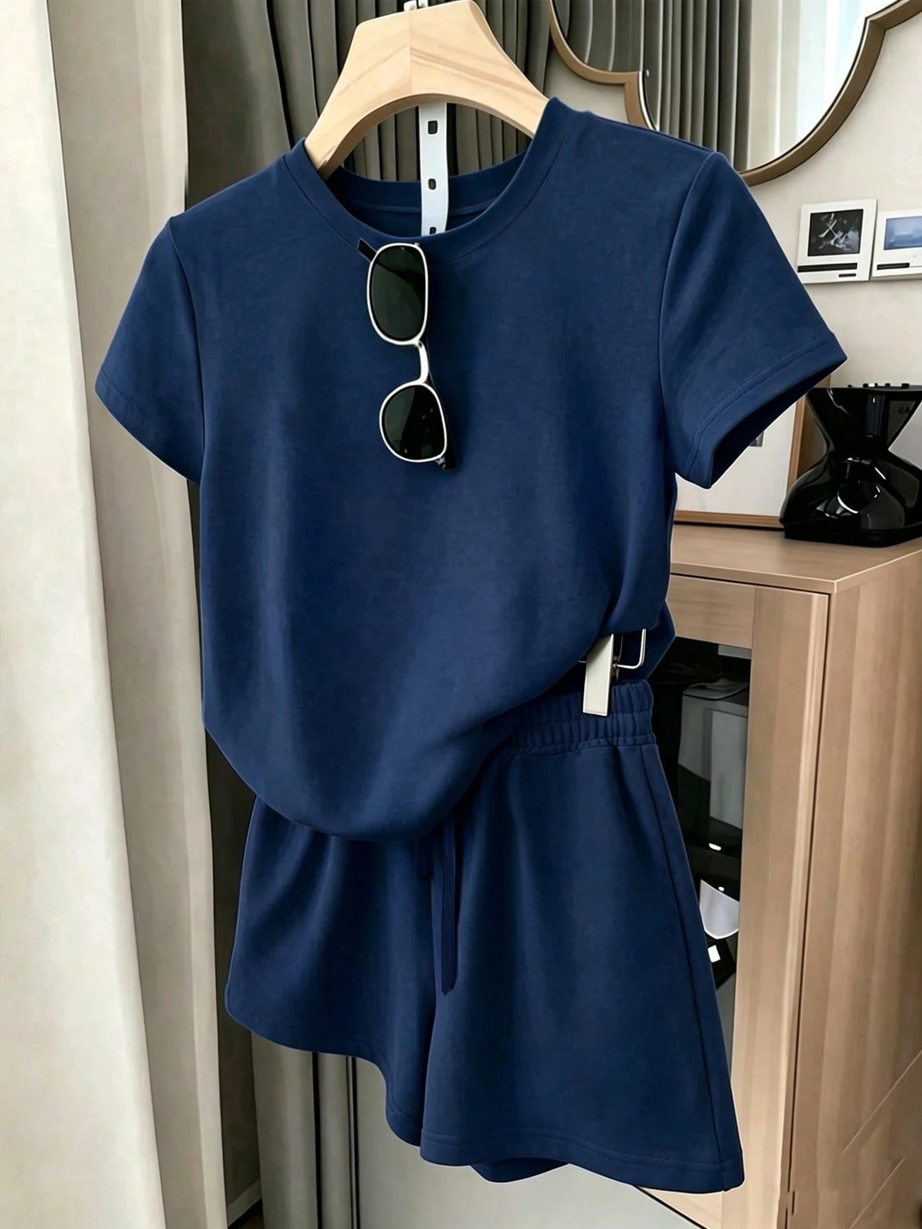 Resyla Women's Casual Daily Commute Solid Color Short Sleeve T-Shirt And Drawstring Waist Shorts 2-Piece Set, Summer