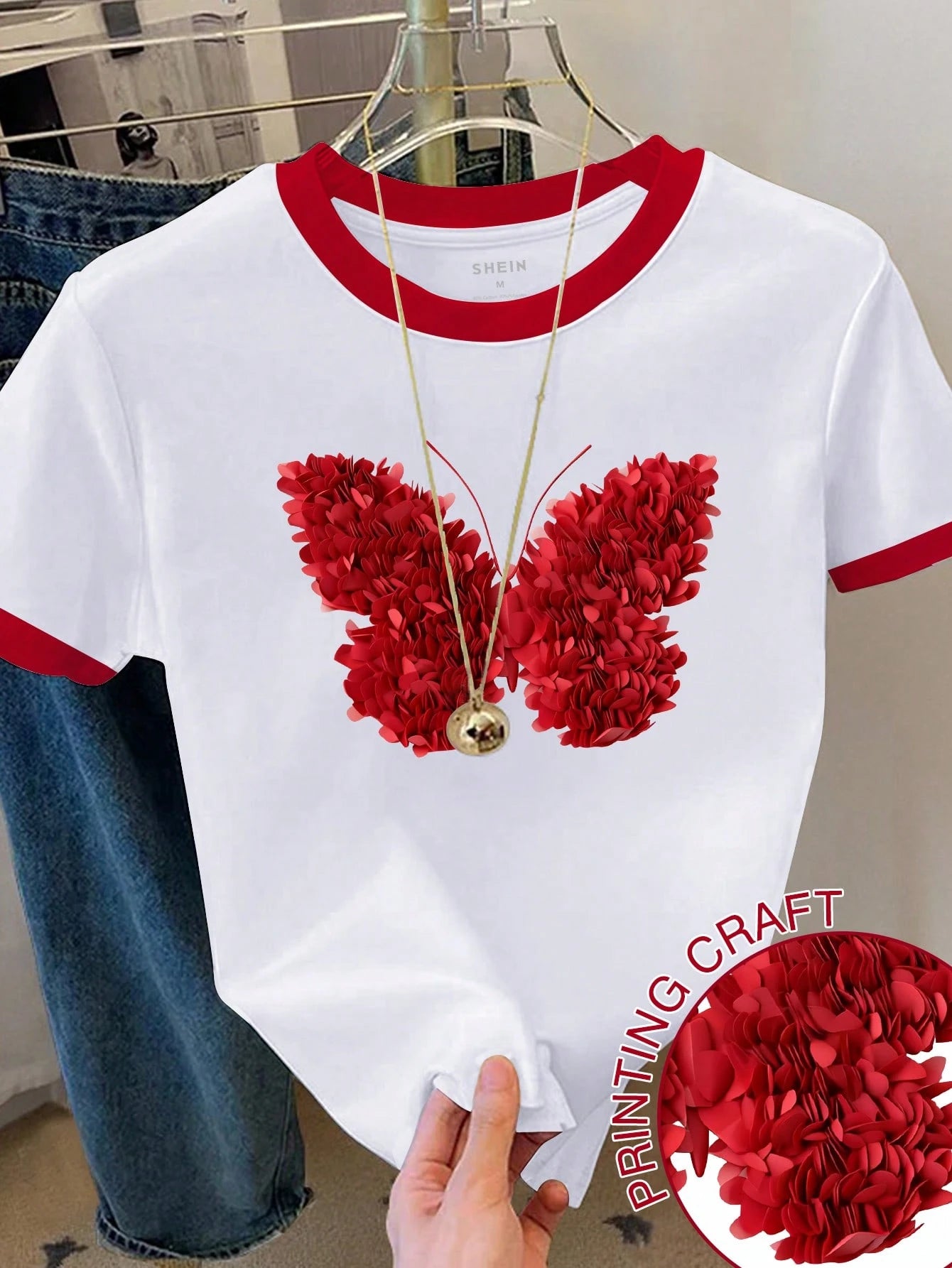 Resyla Women's Color Block Trim Butterfly Print Short Sleeve Round Neck T-Shirt, Summer
