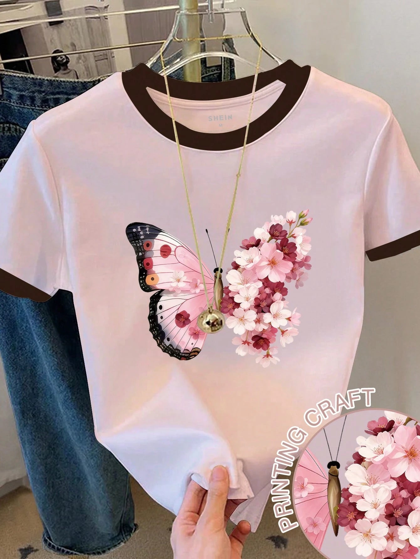 Resyla Women's Color Block Trim Butterfly Print Short Sleeve Round Neck T-Shirt, Summer