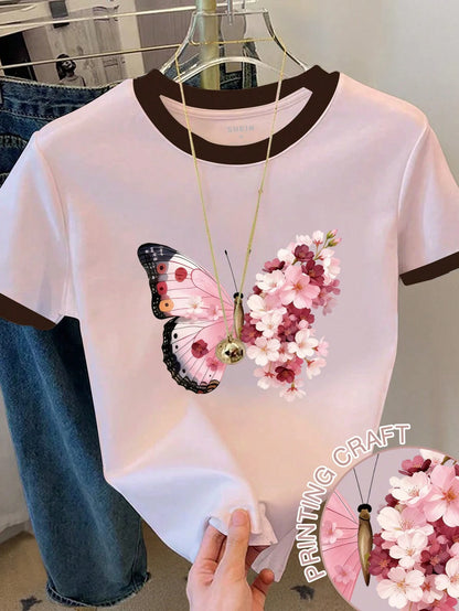 Resyla Women's Color Block Trim Butterfly Print Short Sleeve Round Neck T-Shirt, Summer