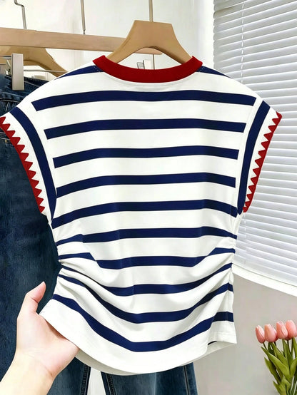 Resyla Women's Fashion Versatile Striped Contrast Color Shell Embroidery Waist Top