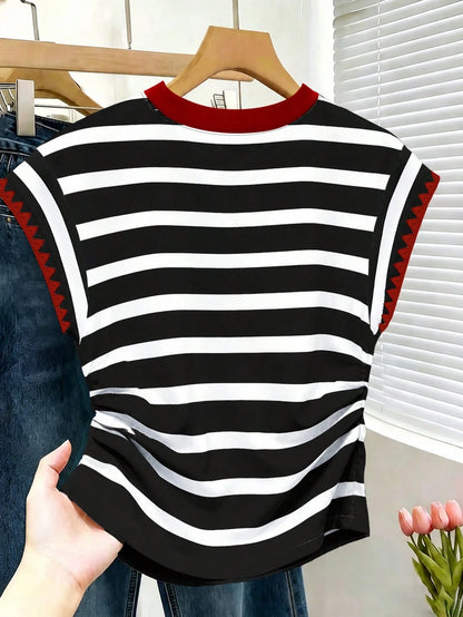 Resyla Women's Fashion Versatile Striped Contrast Color Shell Embroidery Waist Top