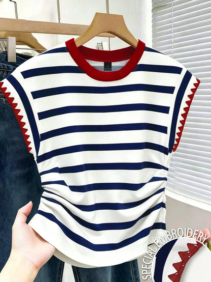 Resyla Women's Fashion Versatile Striped Contrast Color Shell Embroidery Waist Top