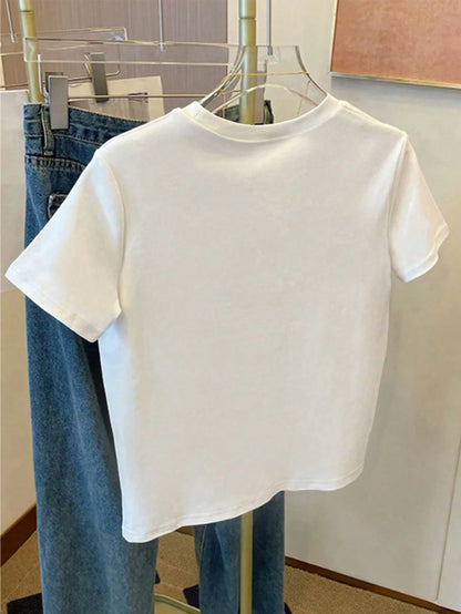 Resyla Women's Lemon Embroidery Round Neck Short Sleeve T-Shirt